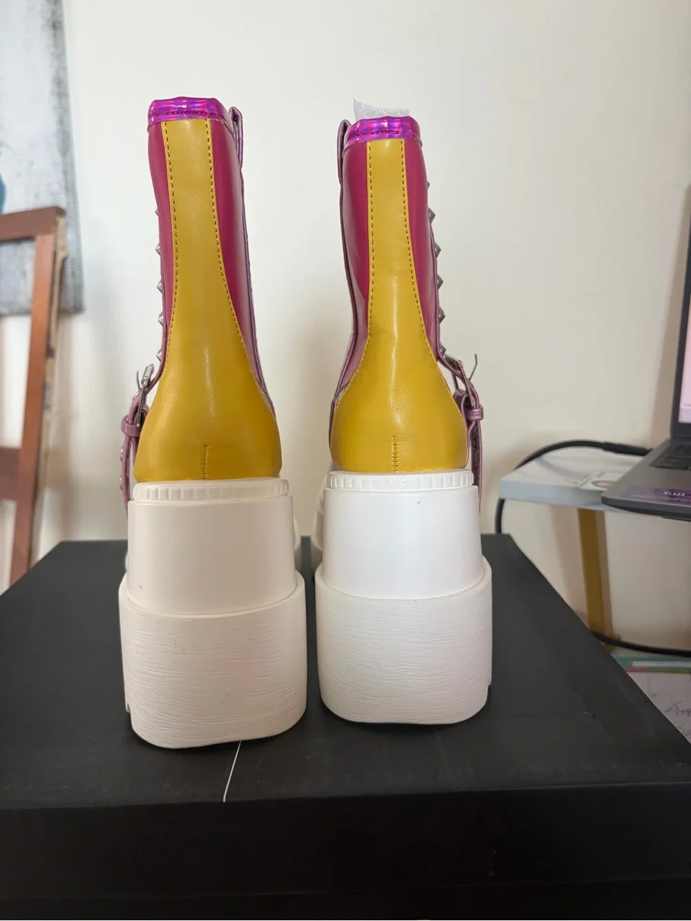 Cape Robbin Pink Iridescent Croc Platform Ankle Boots with Yellow Accent